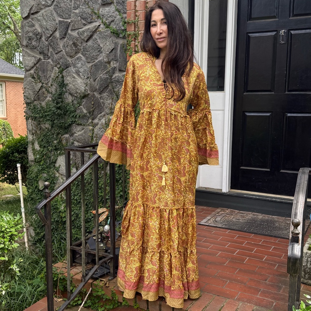 SILK BLEND Bohemian Yellow and Pink Maxi Dress